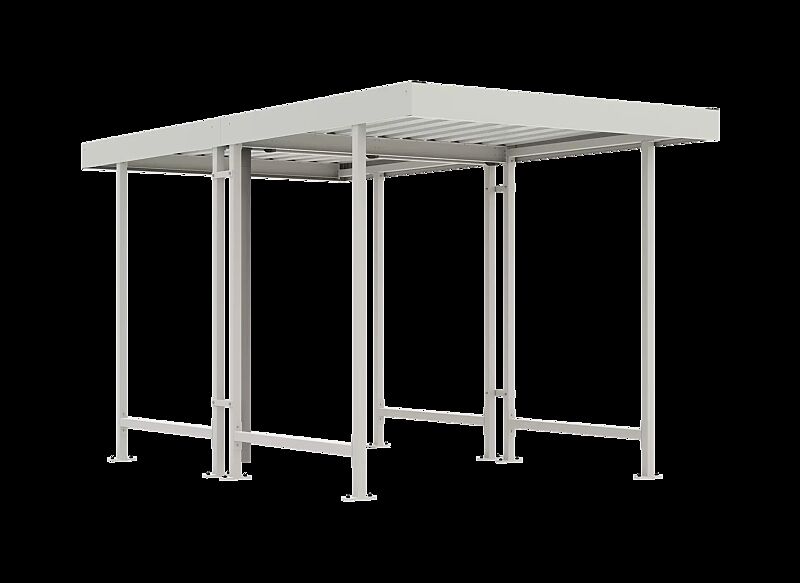 Fahrradüberdachung ARIES, Dachbreite x Dachtiefe 2250 mm x 4400 mm, doppelseitig, ohne Rück- und Seitenwände, Stahlkonstruktion in RAL 9002 grauweiß