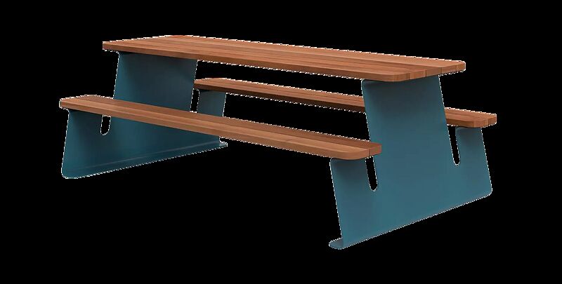 Bank-Tisch-Kombination WAVER mit Hartholzbelattung, Stahlteile in RAL 5021 wasserblau