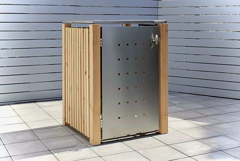 Müllbehälter-Einzelschrank FONTANA, mit Klappdach, Türen und Dach aus Edelstahl, Pfosten, Rück- und Seitenwandelemente aus Lärchenholz