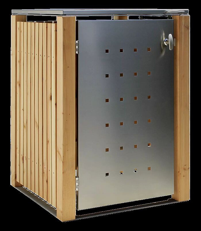 Müllbehälter-Einzelschrank FONTANA, mit Klappdach, Türen und Dach aus Edelstahl, Pfosten, Rück- und Seitenwandelemente aus Lärchenholz