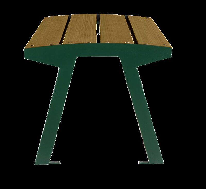 Sitzbank NOALE ohne Rückenlehne, mit thermisch modifizierter Kiefernholzbelattung, Stahlteile in RAL 6005 moosgrün