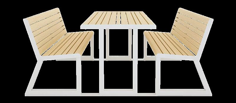 Bank-Tisch-Kombination MANTUA mit Rückenlehne, Aluminiumprofile in Holzoptik, Stahlteile in RAL 9003 signalweiß