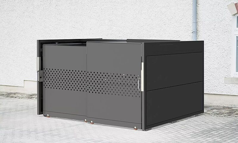 Fahrradgarage STYLEOUT® BIKE QUBIS, Rück-, Seitenwände und Schiebetüren in RAL 7016 anthrazitgrau, Dach Aluminium eloxiert