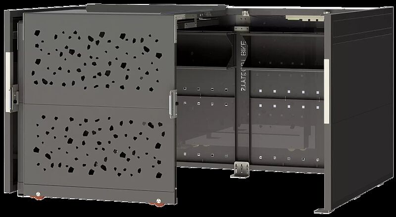 Fahrradgarage STYLEOUT® BIKE TOMO, Rück-, Seitenwände und Schiebetüren in RAL 7016 anthrazitgrau, Dach Aluminium eloxiert