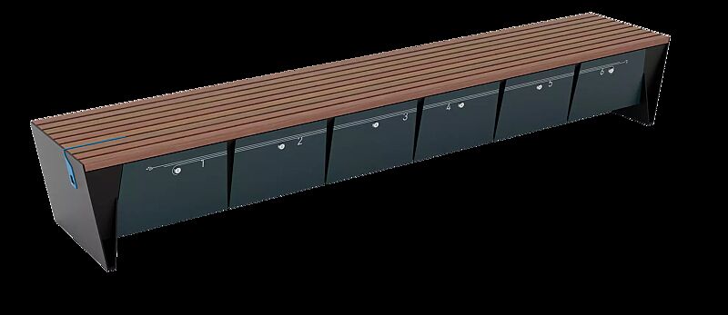 Sitzbank EBLOCQ mit Jatobaholzbelattung, mit Zylinderschloss, Stahteile in RAL 9011 graphitschwarz, Türen in RAL 7043 verkehrsgrau