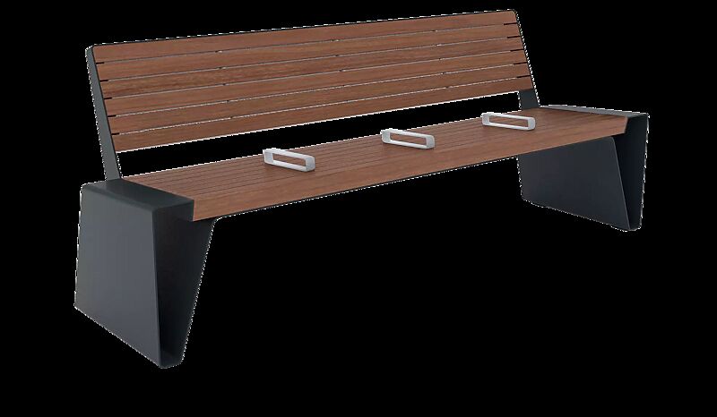 Sitzbank RADIUM mit Rückenlehne, Sitzfläche mit Edelstahlstreben unterteilt, mit Jatobaholzbelattung, Stahlteile in RAL 7016 anthrazitgrau