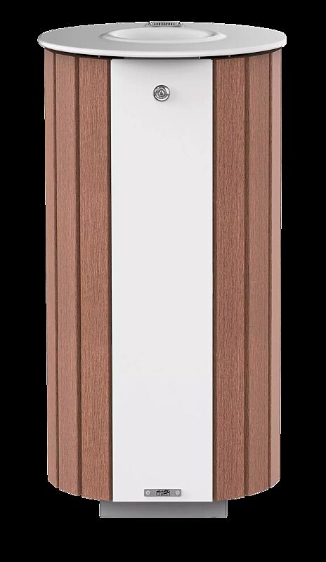 Abfallbehälter MIANE mit Ascher, mit Hartholzbelattung, Stahlteile in RAL 9010 reinweiß