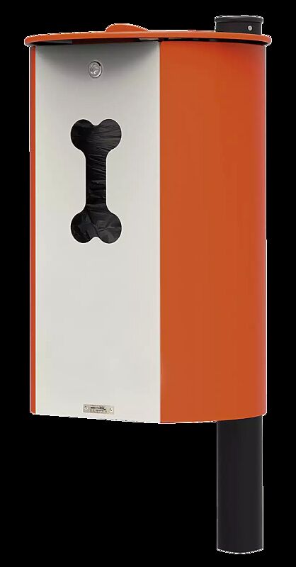 Hundetoilette MIANE DOG zum Einbetonieren, Korpus in RAL 2004 reinorange und RAL 1013 perlweiß, Pfosten in RAL 9005 tiefschwarz
