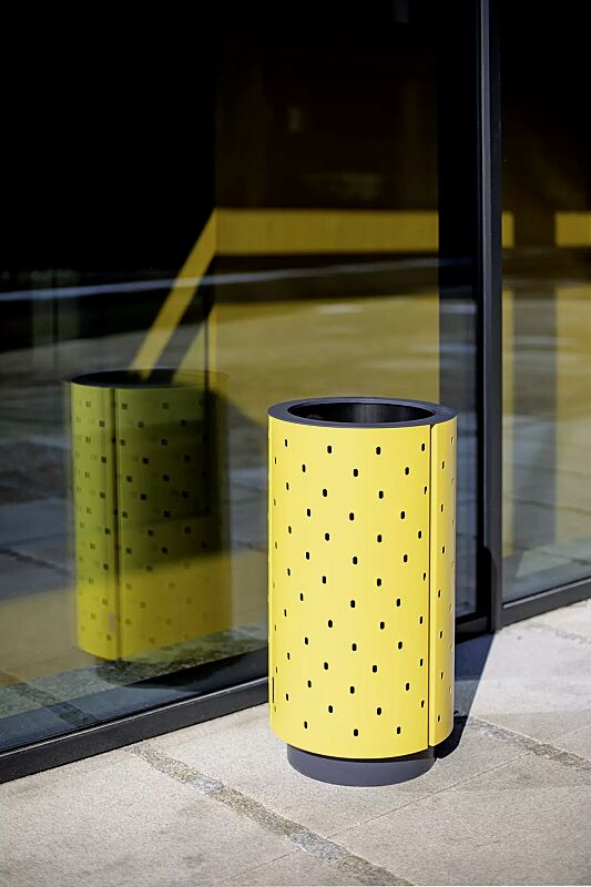 Abfallbehälter QUINBIN, rund, Korpus: gestanztes Stahlblech, Stahlteile in RAL 1021 rapsgelb und RAL 7016 anthrazitgrau
