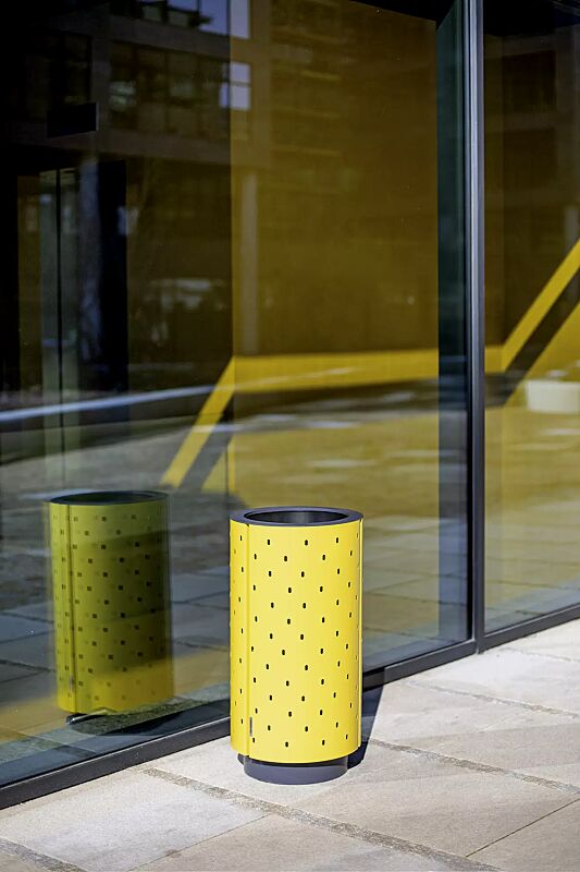 Abfallbehälter QUINBIN, rund, Korpus: gestanztes Stahlblech, Stahlteile in RAL 1021 rapsgelb und RAL 7016 anthrazitgrau