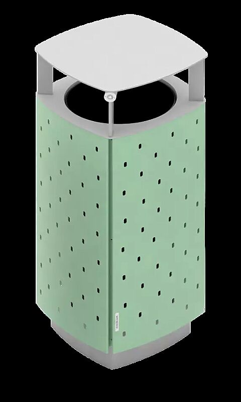 Abfallbehälter QUINBIN, quadratisch abgerundet, mit Schutzdach, Korpus: gestanztes Stahlblech, Stahlteile in RAL 6027 lichtgrün und RAL 9006 weißaluminium