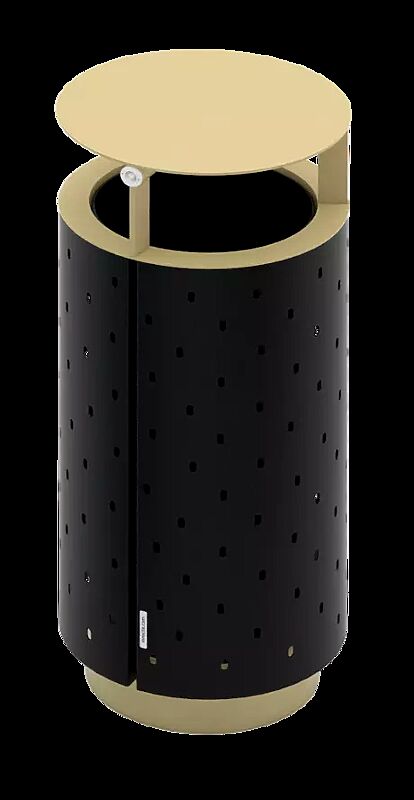 Abfallbehälter QUINBIN, rund, mit Schutzdach, Korpus: gestanztes Stahlblech, Stahlteile in RAL 9005 tiefschwarz und RAL 1000 grünbeige