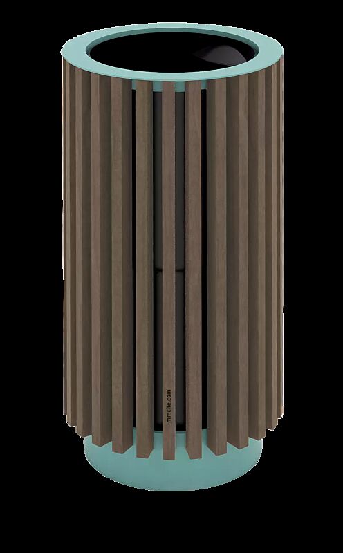 Abfallbehälter QUINBIN, rund, Korpus: Resysta®-Belattung lasiert in siam, Stahlteile in RAL 6027 lichtgrün