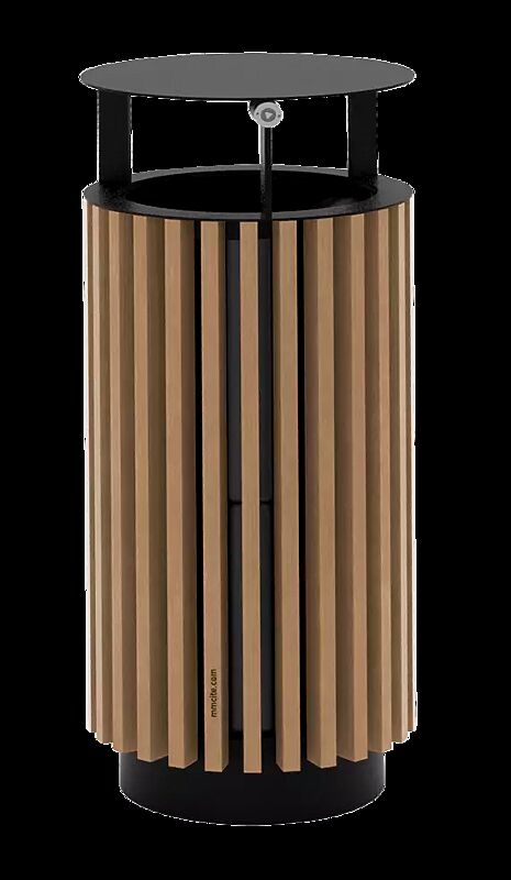 Abfallbehälter QUINBIN, rund, mit Schutzdach, Korpus: Resysta®-Belattung lasiert in pale golden, Stahlteile in RAL 7016 anthrazitgrau