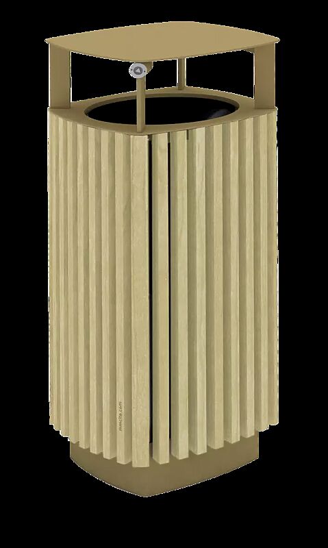 Abfallbehälter QUINBIN, quadratisch abgerundet, mit Schutzdach, Korpus: Robinienholzbelattung, Stahlteile in RAL 8024 beigebraun