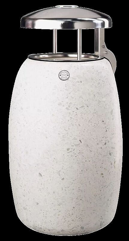 Abfallbehälter PEGASO aus Beton geschliffen, mit Edelstahl-Schutzdach und Ascher, in Granitoptik weiß