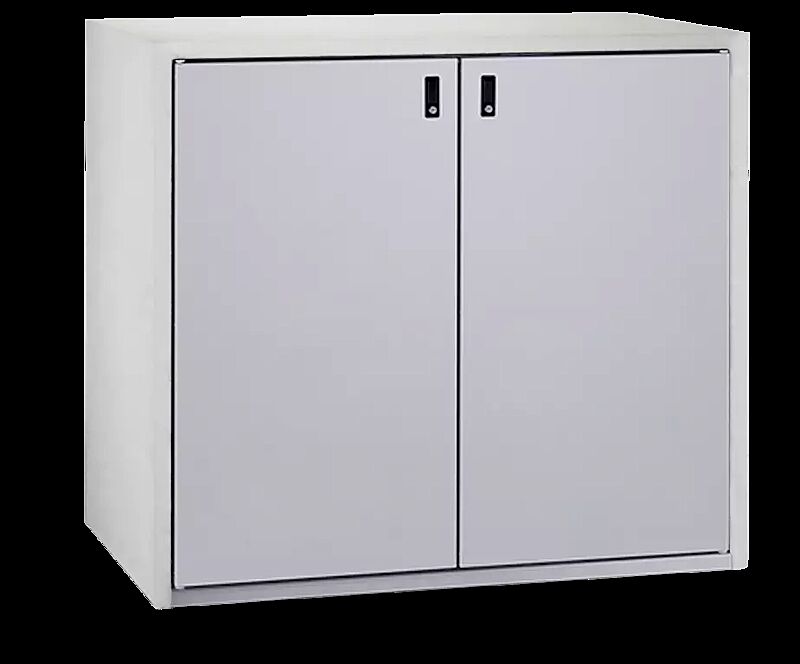 Müllbehälter-Doppelschrank SWANLEY, Korpus Sichtbeton glatt, Türen in RAL 9006 weißaluminium