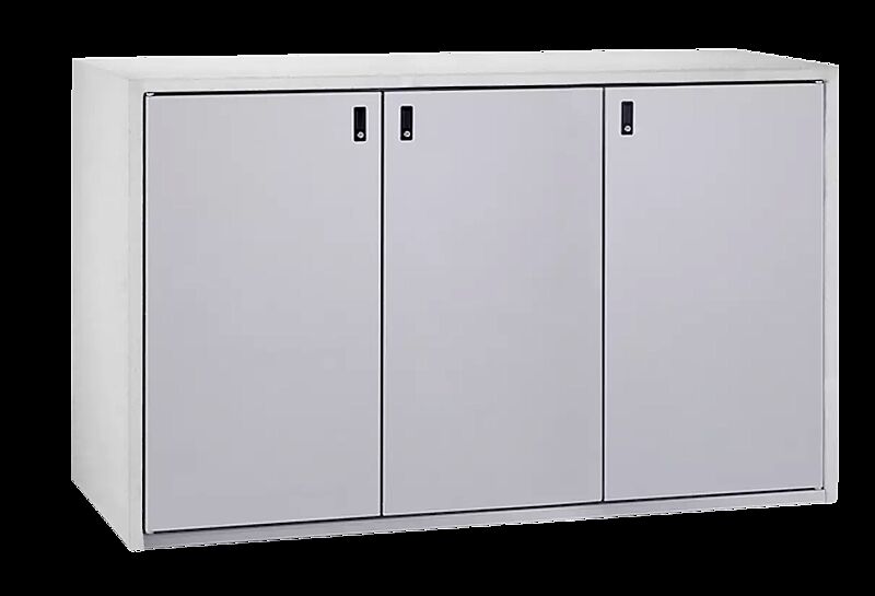 Müllbehälter-Dreifachschrank SWANLEY, Korpus Sichtbeton glatt, Türen in RAL 9006 weißalumimium
