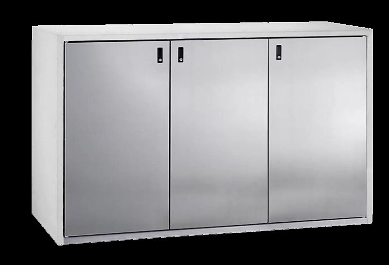Müllbehälter-Dreifachschrank SWANLEY, Korpus Sichtbeton glatt, Türen aus Edelstahl