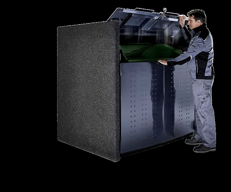 Containerbox DARWEN, Korpus Sichtbeton gewaschen in perlmutt schwarz, Stahlteile in anthrazitgrau ähnlich RAL 7016