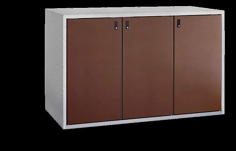 Müllbehälter-Doppelschrank SWANLEY, Korpus Sichtbeton gewaschen in eisgrau, Türen in RAL 8004 kupferbraun