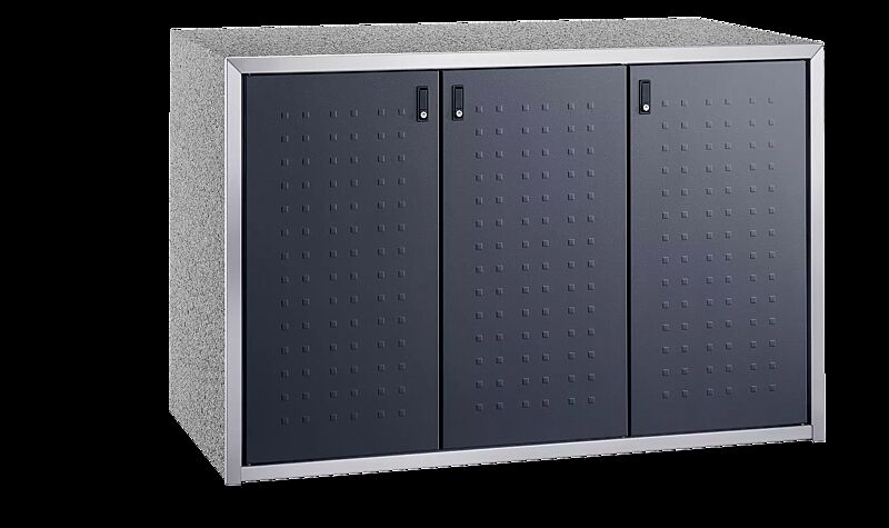 Müllbehälter-Dreifachschrank DARWEN, Korpus Sichtbeton gewaschen in eisgrau, Türen in RAL 7016 anthrazitgrau