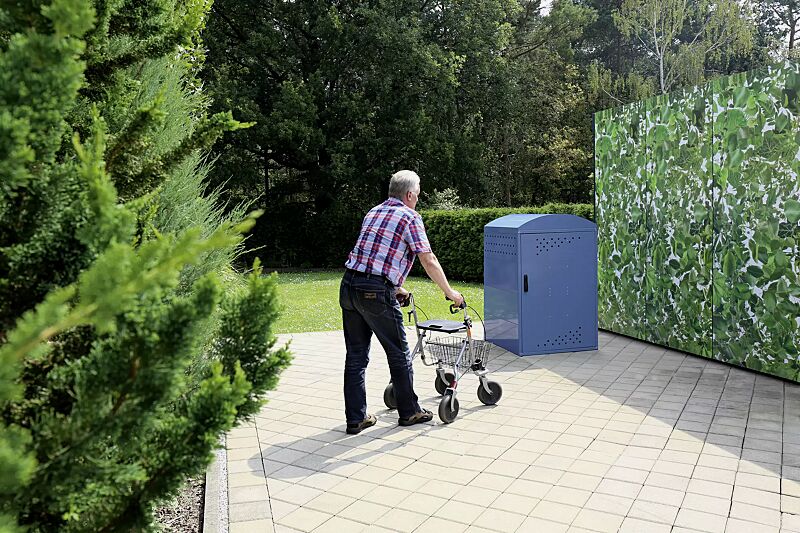 Rollatorgarage LEXINGTON NEW, Grundeinheit mit Bogendach, Türanschlag DIN rechts, Stahlkonstruktion in RAL 5000 violettblau