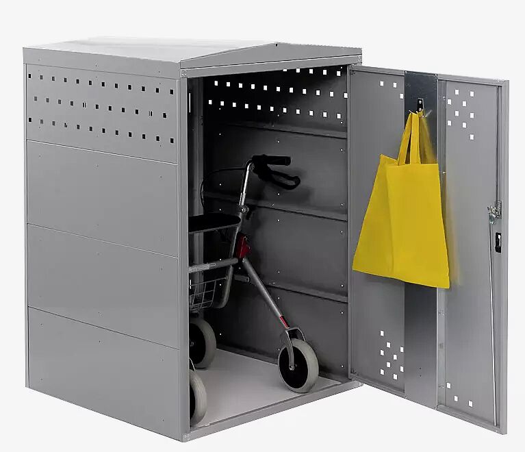 Rollatorgarage LEXINGTON NEW, Grundeinheit mit Giebeldach, Türanschlag DIN rechts, Stahlkonstruktion in RAL 7040 fenstergrau