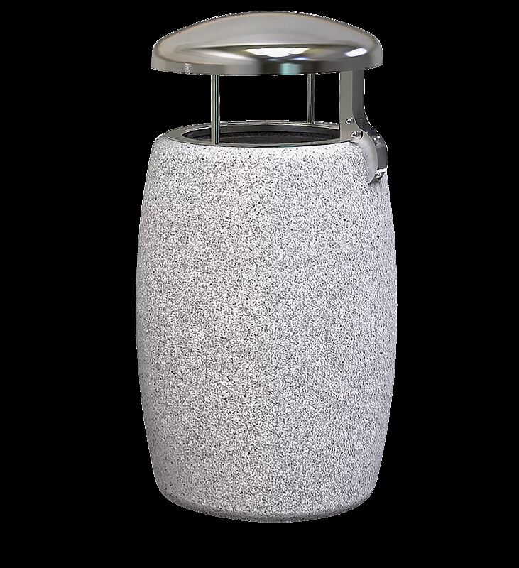 Abfallbehälter PEGASO aus Beton gestockt, in Granitoptik weiß, mit Edelstahl-Schutzdach