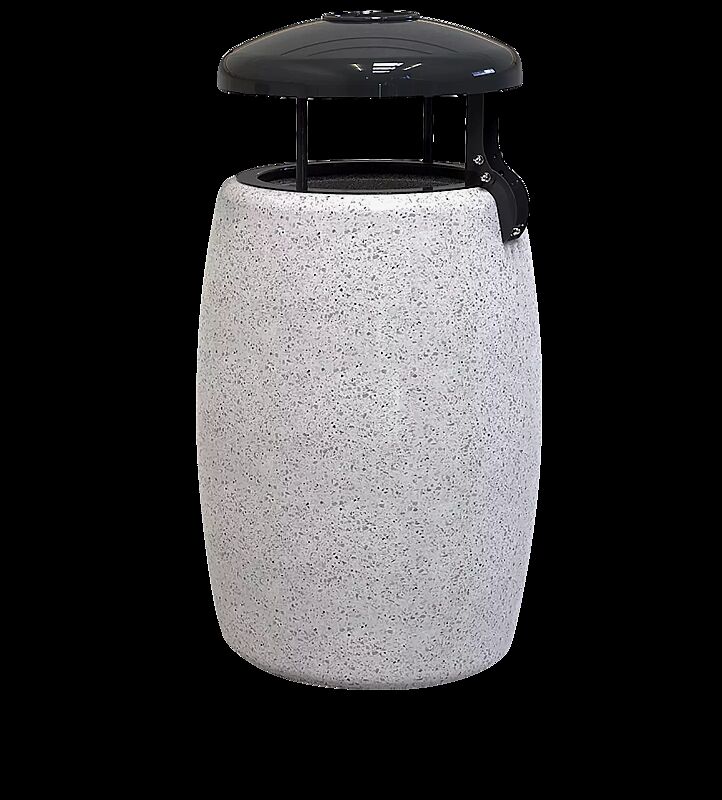 Abfallbehälter PEGASO aus Beton geschliffen, in Granitoptik weiß, mit Stahl-Schutzdach und Ascher in RAL 7021 schwarzgrau