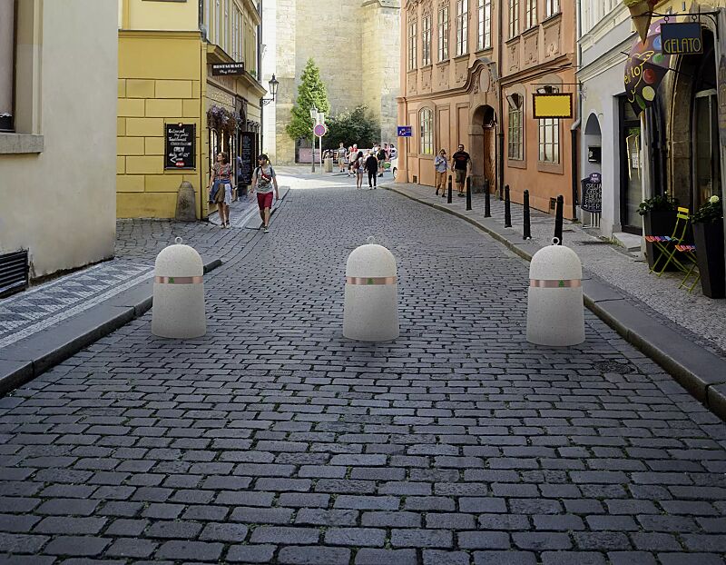 Poller MEL aus Beton, in Granitoptik weiß, mit Kupferband