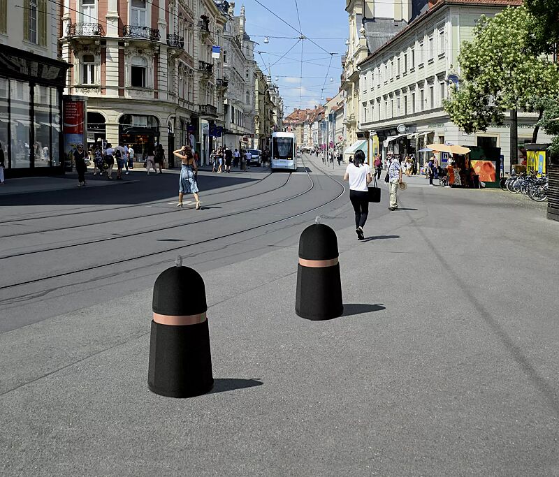 Poller ARO aus rekonstituiertem Marmor, mit Kupferband, in schwarz ebano