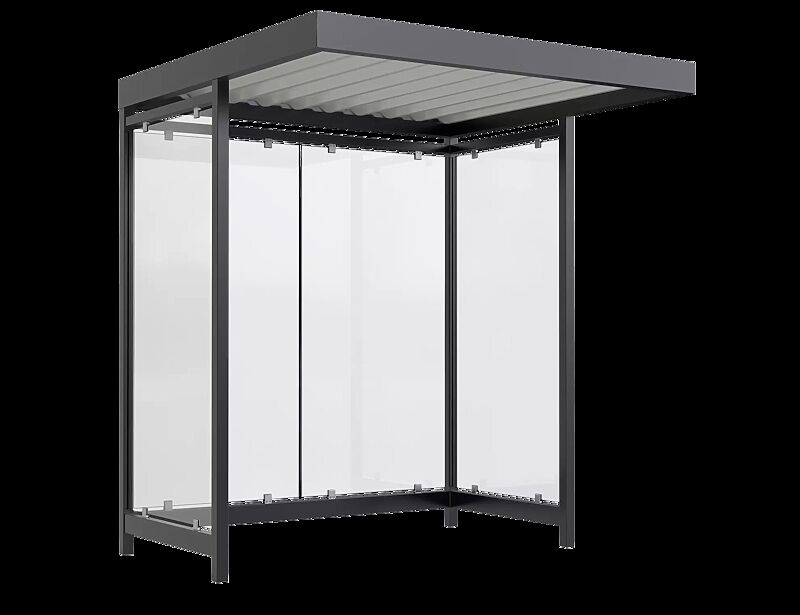 Wartehalle LEONIS, Dachbreite x Dachtiefe 2165 mm x 2165 mm, zum Aufdübeln bei -200 mm, mit Rück- / Seitenwänden, Stahlkonstruktion in RAL 7016 anthrazitgrau