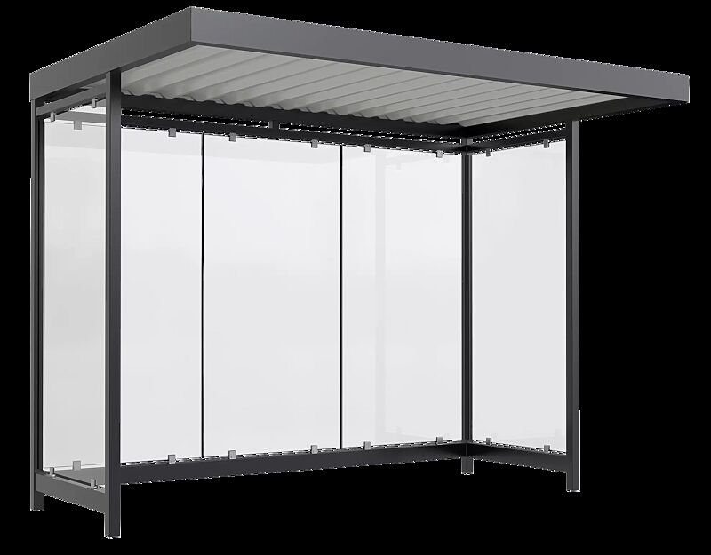 Wartehalle LEONIS, Dachbreite x Dachtiefe 3180 mm x 2165 mm, zum Aufdübeln bei -200 mm, mit Rück- / Seitenwänden, Stahlkonstruktion in RAL 7016 anthrazitgrau