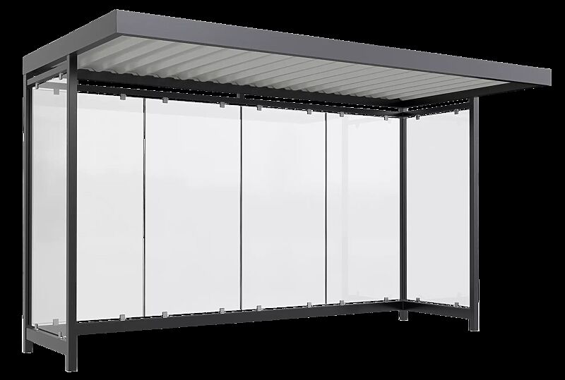 Wartehalle AQUILA, Dachbreite x Dachtiefe 4195 mm x 2165 mm, zum Aufdübeln bei -200 mm, mit Rück- / Seitenwänden, Stahlkonstruktion in RAL 7016 anthrazitgrau