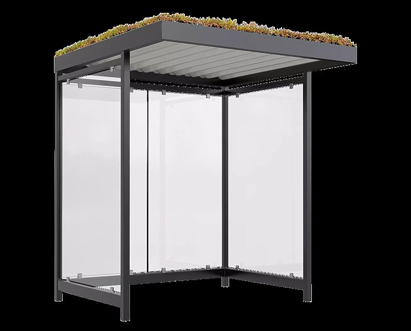 Wartehalle LEONIS GREEN, Dachbreite x Dachtiefe 2165 mm x 2165 mm, zum Aufdübeln bei -200 mm, mit Rück- / Seitenwänden, Stahlkonstruktion in RAL 7016 anthrazitgrau