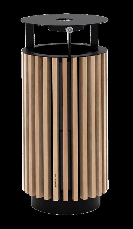 Abfallbehälter QUINBIN, rund, mit Schutzdach und Ascher, Korpus: Jatobaholzbelattung, Stahlteile in RAL 7016 anthrazitgrau