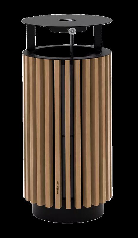 Abfallbehälter QUINBIN, rund, mit Schutzdach und Ascher, Korpus: Resysta®-Belattung lasiert in pale golden, Stahlteile in RAL 7016 anthrazitgrau