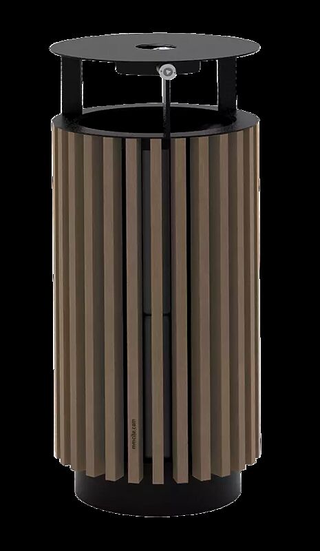 Abfallbehälter QUINBIN, rund, mit Schutzdach und Ascher, Korpus: Resysta®-Belattung lasiert in siam, Stahlteile in RAL 7016 anthrazitgrau