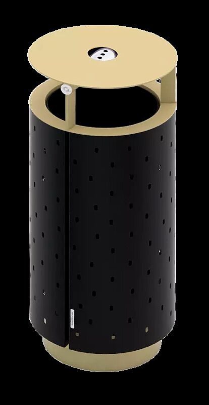 Abfallbehälter QUINBIN, rund, mit Schutzdach und Ascher, Korpus: gestanztes Stahlblech, Stahlteile in RAL 9005 tiefschwarz und RAL 1000 grünbeige