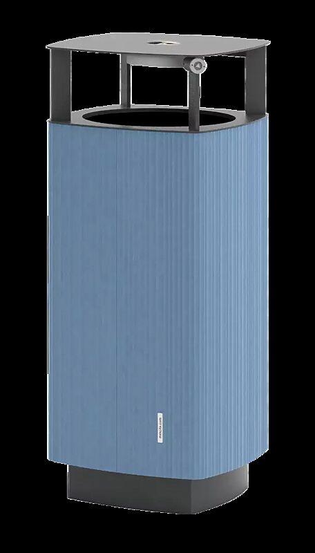 Abfallbehälter QUINBIN, quadratisch abgerundet, mit Schutzdach und Ascher, Korpus: Aluminiumprofile in RAL 5024 pastellblau, Stahlteile in RAL 9007 graualuminium
