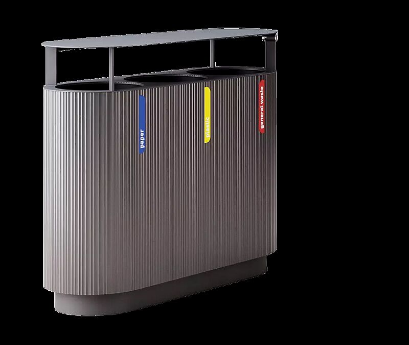 Abfallbehälter QUINBIN TRIO mit Schutzdach, Korpus: Aluminiumprofile in RAL 7022 umbragrau, Stahlteile in RAL 7024 graphitgrau