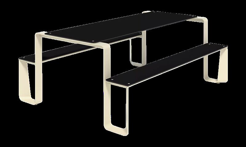 Bank-Tisch-Kombination RAUTSTER, beidseitig barrierefrei, mit HPL-Auflage in Black 0080, Stahlteile in RAL 1013 perlweiß