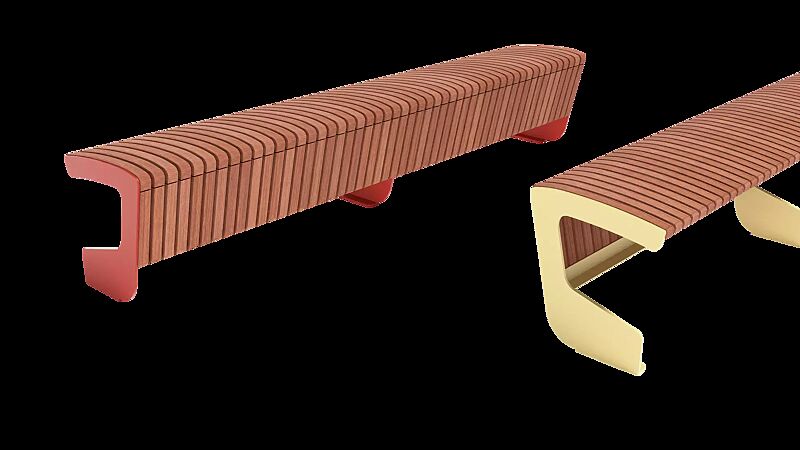 Sitzbank LANDSCAPE COMPACT ohne Rückenlehne, einseitig, mit Jatobanholzbelattung, Stahlteile in RAL 3016 korallenrot und RAL 1021 rapsgelb