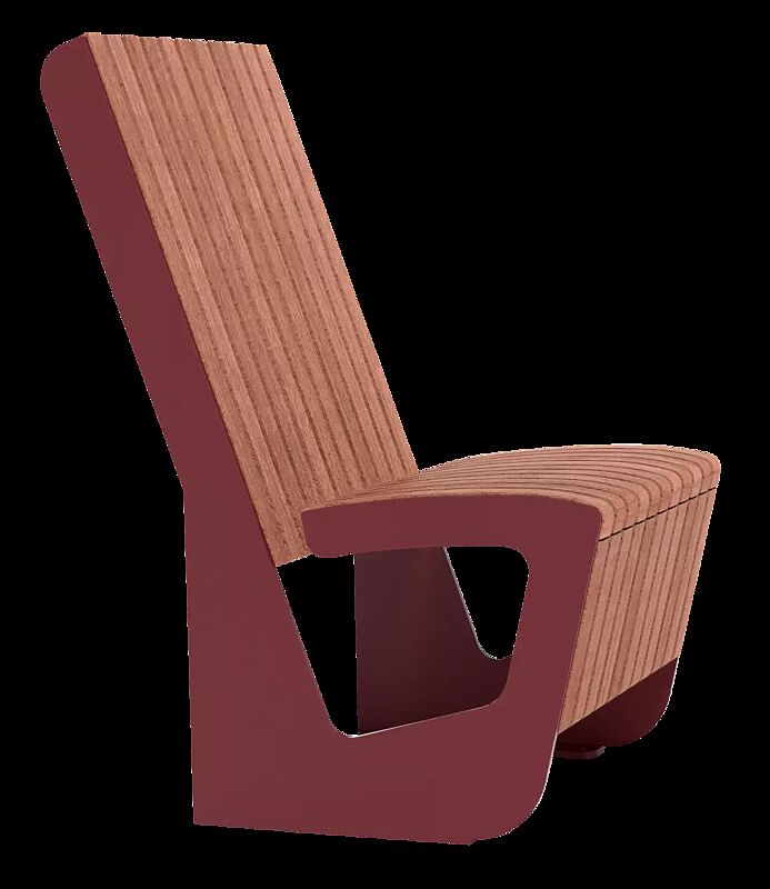 Sitz LANDSCAPE COMPACT mit Rückenlehne, mit Jatobaholzbelattung, Stahlteile in RAL 3003 rubinrot