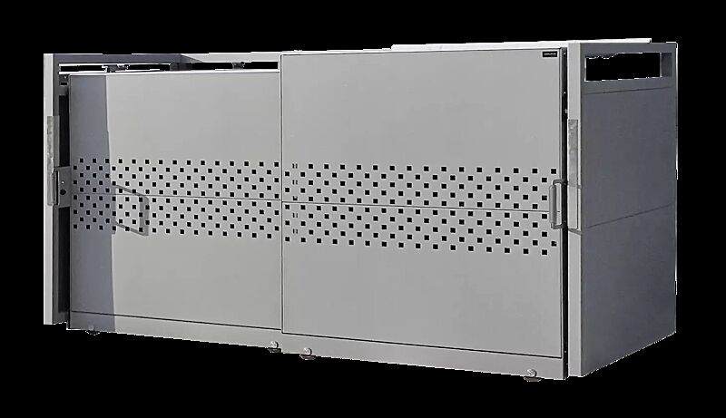 Müllbehälter-Doppelschrank STYLEOUT® QUBIS 1100, Schiebetüren mit Quadratlochung, Aluminiumkonstruktion in RAL 9007 graualuminium