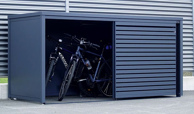 Universaldepot STYLEOUT® LINIS STORE als Fahrradgarage, Aluminiumkonstruktion sowie Wand- und Türelemente in RAL 7016 anthrazitgrau