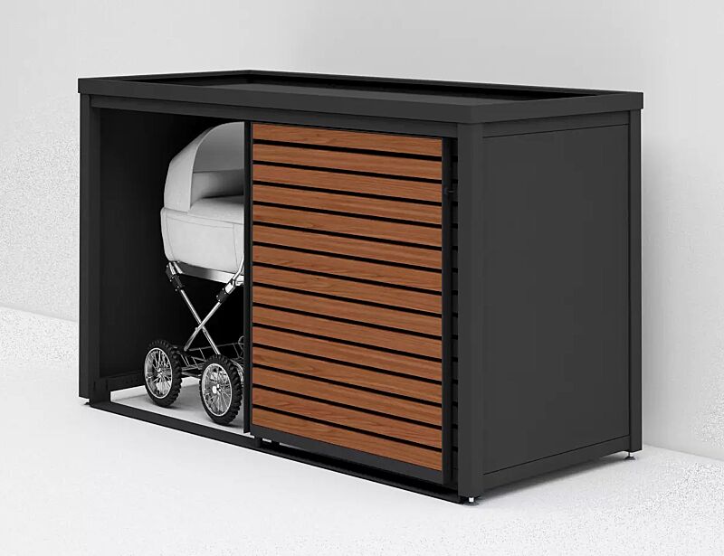 Universaldepot STYLEOUT® LINIS STORE als Kinderwagenbox, Aluminiumkonstruktion sowie Wandelemente in RAL 7016 anthrazitgrau, Türlamellen in kirschbaum dunkel