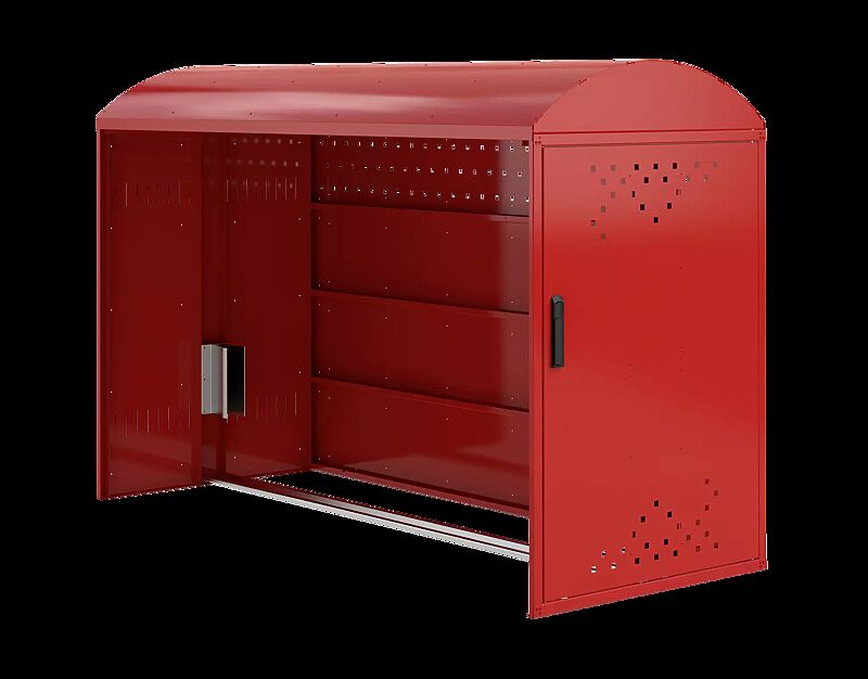 Fahrradgarage LEXINGTON NEW, Anbaueinheit mit Bogendach, mit 1 Seitenteil, mit Profilhalbzylinderschloss, Türanschlag DIN rechts, Stahlkonstruktion in RAL 3020 verkehrsrot