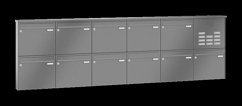 Briefkastenanlage RAGUSA mit 11 Briefkästen, Aufputzanlage, mit Sprech- und Klingelfach, Stahlteile in RAL 9007 graualuminium